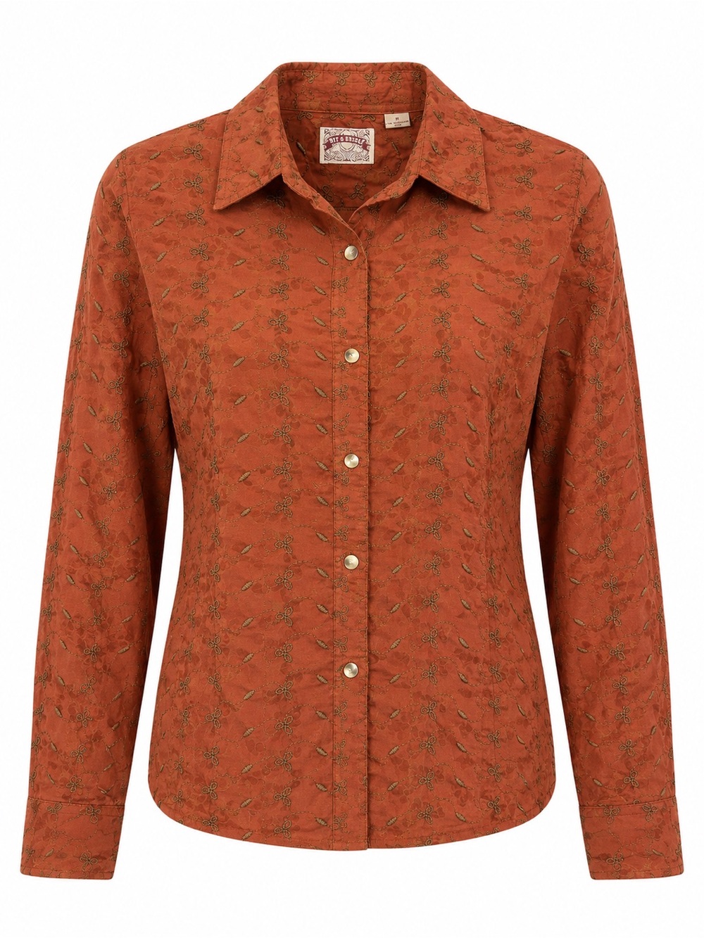 Bit & Bridle Embroidered Rust / Brown Pearl Snap Long Sleeve Blouse size Medium